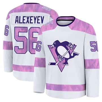 Men's Alexander Alexeyev Pittsburgh Penguins ＃56 Premium White 2024 Hockey Fights Cancer Practice Jersey