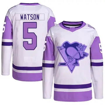 Men's Bryan Watson Pittsburgh Penguins ＃5 Authentic White/Purple Hockey Fights Cancer Primegreen Jersey