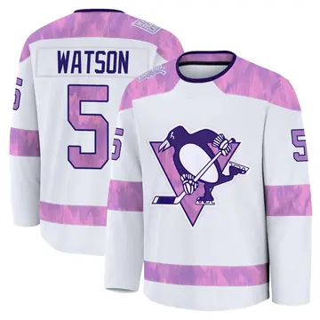 Men's Bryan Watson Pittsburgh Penguins ＃5 Premium White 2024 Hockey Fights Cancer Practice Jersey