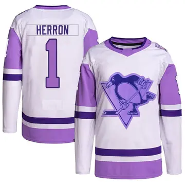 Men's Denis Herron Pittsburgh Penguins ＃1 Authentic White/Purple Hockey Fights Cancer Primegreen Jersey