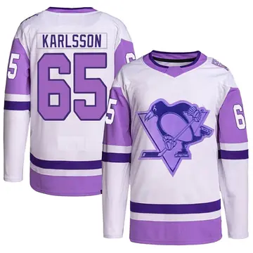 Men's Erik Karlsson Pittsburgh Penguins ＃65 Authentic White/Purple Hockey Fights Cancer Primegreen Jersey