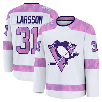 Men's Filip Larsson Pittsburgh Penguins ＃31 Premium White 2024 Hockey Fights Cancer Practice Jersey