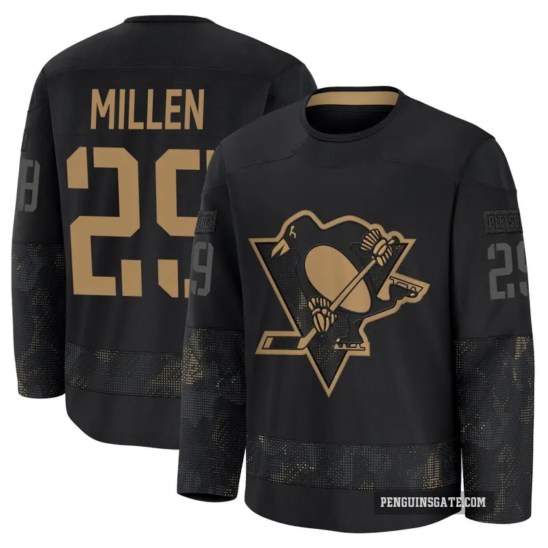 Men's Greg Millen Pittsburgh Penguins ＃29 Premium Black 2024 Military Appreciation Practice Jersey
