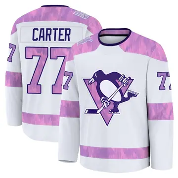 Men's Jeff Carter Pittsburgh Penguins ＃77 Premium White 2024 Hockey Fights Cancer Practice Jersey