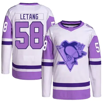 Men's Kris Letang Pittsburgh Penguins ＃58 Authentic White/Purple Hockey Fights Cancer Primegreen Jersey