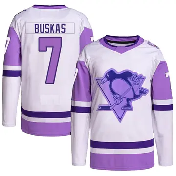 Men's Rod Buskas Pittsburgh Penguins ＃7 Authentic White/Purple Hockey Fights Cancer Primegreen Jersey
