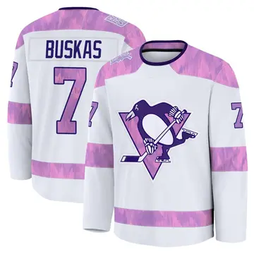 Men's Rod Buskas Pittsburgh Penguins ＃7 Premium White 2024 Hockey Fights Cancer Practice Jersey