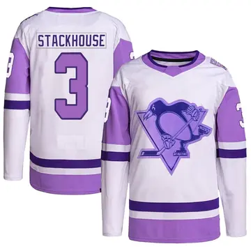 Men's Ron Stackhouse Pittsburgh Penguins ＃3 Authentic White/Purple Hockey Fights Cancer Primegreen Jersey