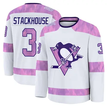 Men's Ron Stackhouse Pittsburgh Penguins ＃3 Premium White 2024 Hockey Fights Cancer Practice Jersey