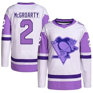 Men's Rutger McGroarty Pittsburgh Penguins ＃2 Authentic White/Purple Hockey Fights Cancer Primegreen Jersey