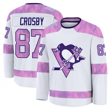 Men's Sidney Crosby Pittsburgh Penguins ＃87 Premium White 2024 Hockey Fights Cancer Practice Jersey