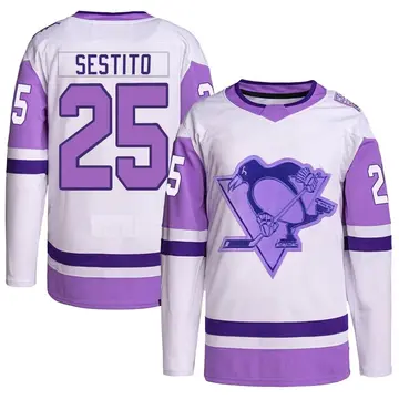 Men's Tom Sestito Pittsburgh Penguins ＃25 Authentic White/Purple Hockey Fights Cancer Primegreen Jersey