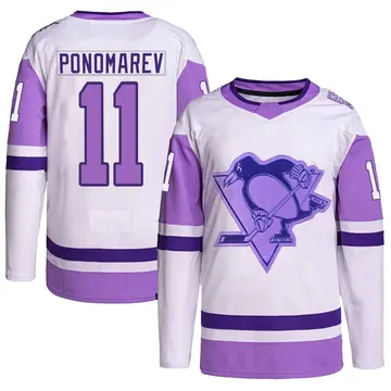 Men's Vasily Ponomarev Pittsburgh Penguins ＃11 Authentic White/Purple Hockey Fights Cancer Primegreen Jersey