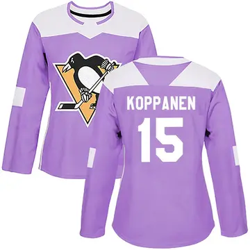 Women's Joona Koppanen Pittsburgh Penguins ＃15 Authentic Purple Fights Cancer Practice Jersey