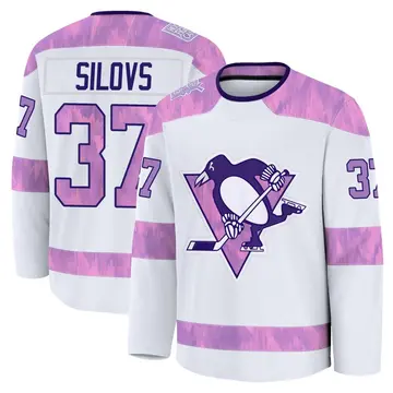 Youth Arturs Silovs Pittsburgh Penguins ＃37 Premium White 2024 Hockey Fights Cancer Practice Jersey