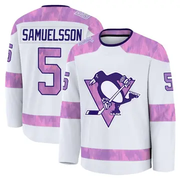 Youth Ulf Samuelsson Pittsburgh Penguins ＃5 Premium White 2024 Hockey Fights Cancer Practice Jersey