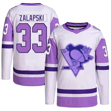 Youth Zarley Zalapski Pittsburgh Penguins ＃33 Authentic White/Purple Hockey Fights Cancer Primegreen Jersey